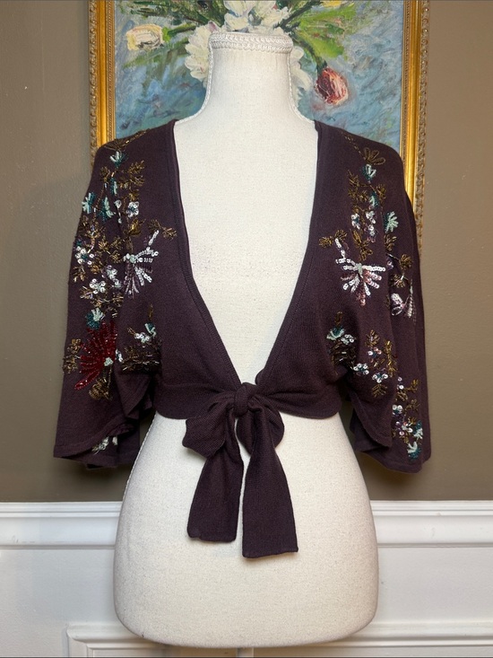 Arden B Sweaters - Arden B Y2K Silk Cashmere Beaded Embroidered Tie Front Shrug XS